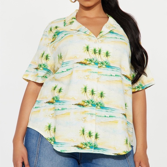Fashion Nova Tops - Catching Waves All
Day Linen Oversized
Button Up
Shirt -
Yellow/combo